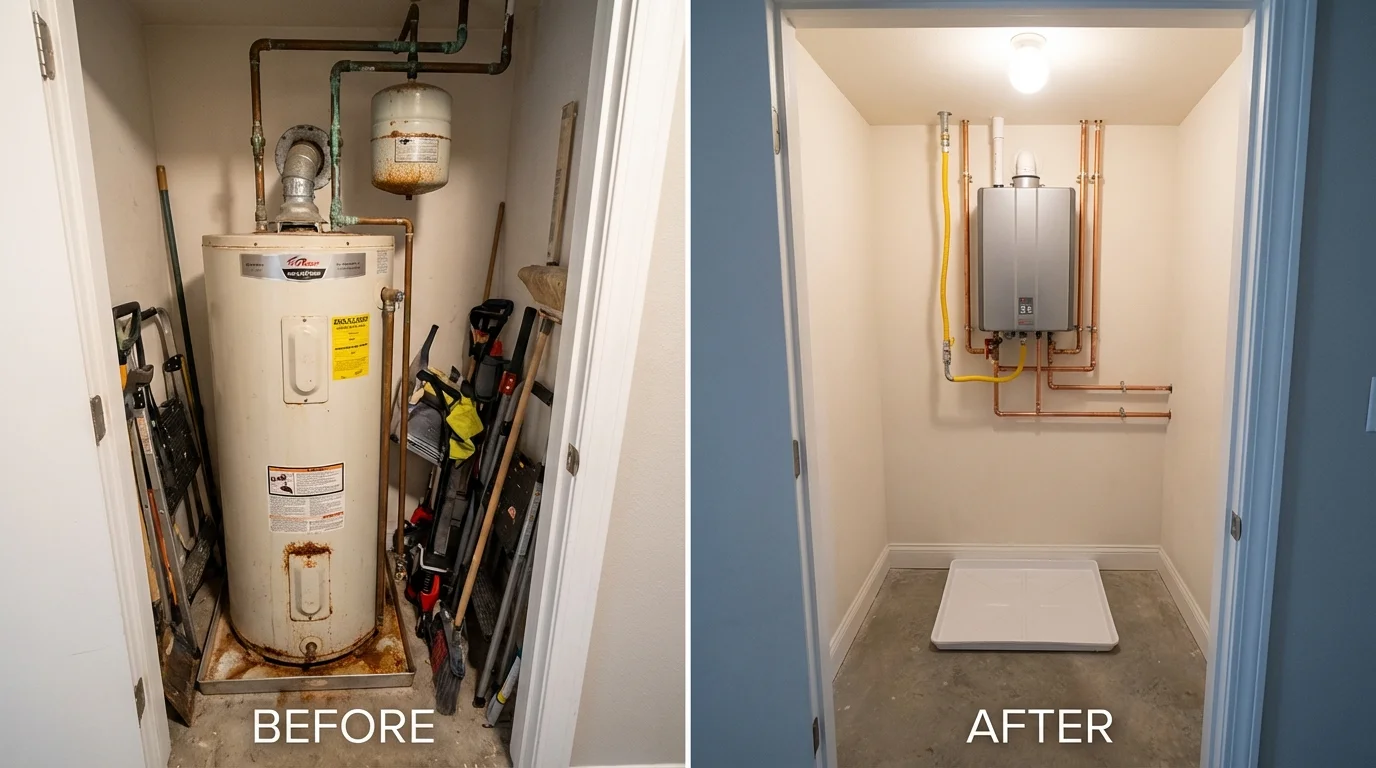 Tank water heater versus wall-mounted tankless unit comparison for Woodland, WA homeowners