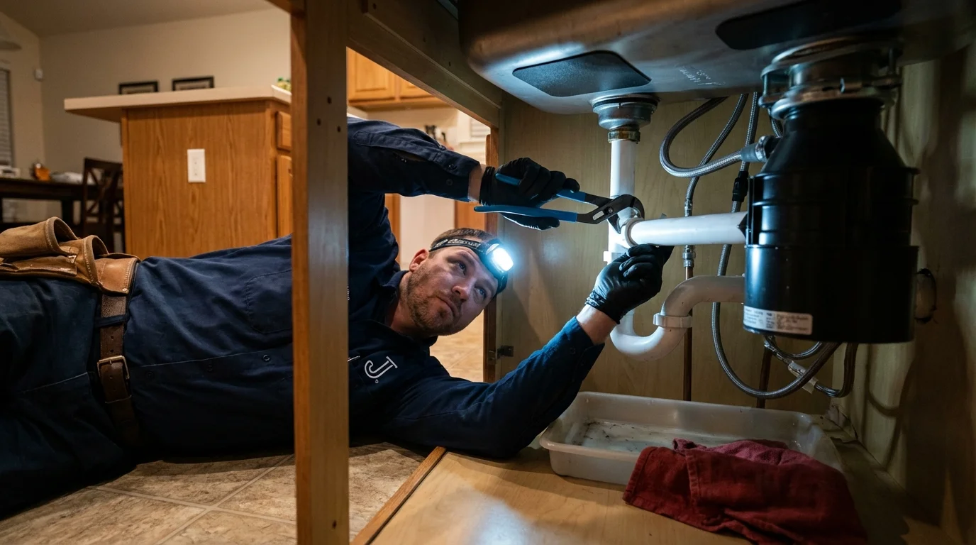 P-trap and supply line connections under a kitchen sink showing a common leak point in Woodland, WA